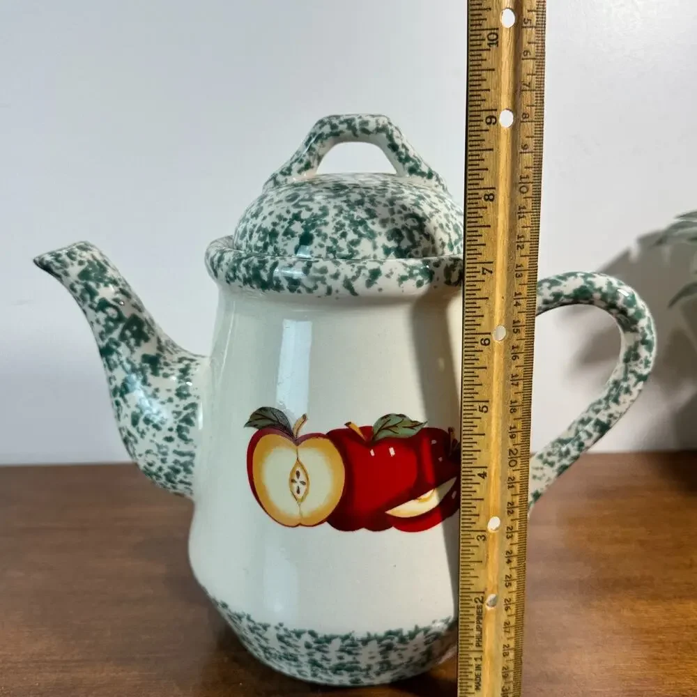 Vintage Apple Green Spongeware Teapot THT 1995 Tenderheart Treasures 9